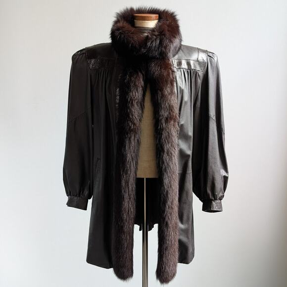 Vintage Leather Penny Lane Jacket Faux Fur Furry 70s Afghan Tapestry Trench Coat - Picture 3 of 16
